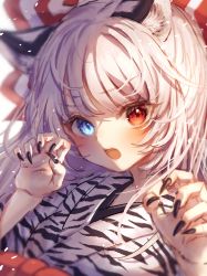 Rule 34 | 1girl, 2022, absurdres, alternate costume, alternate eye color, animal ears, animal print, belt, black dress, black kimono, black nails, blue eyes, blush, bow, breasts, claw pose, claws, commentary request, dress, eyes visible through hair, fang, fangs, fingernails, fujiwara no mokou, grey hair, hands up, heterochromia, highres, japanese clothes, kimono, light, long fingernails, long hair, looking at viewer, medium breasts, multicolored bow, nail polish, open mouth, red belt, red bow, red eyes, shadow, simple background, solo, teeth, tiger ears, tiger print, touhou, upper body, upper teeth only, waramori fuzuka, white background, white bow, white dress, white hair, white kimono