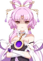 Rule 34 | 1girl, absurdres, chinese commentary, crossed arms, earrings, flat chest, forehead jewel, frills, fu xuan (honkai: star rail), hair intakes, hair ornament, hair stick, highres, honkai: star rail, honkai (series), jewelry, light blush, long hair, looking at viewer, numi (dhsnal0524), off shoulder, parted lips, pink hair, single earring, solo, tassel, upper body, very long hair