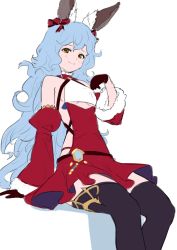 Rule 34 | 1girl, animal ears, arm support, bare shoulders, blue hair, blush, bow, breasts, brown eyes, brown gloves, brown thighhighs, christmas, closed mouth, commentary request, detached sleeves, dress, ear piercing, erune, feet out of frame, ferry (granblue fantasy), ferry (santa minidress) (granblue fantasy), fur-trimmed sleeves, fur trim, gloves, gradient hair, granblue fantasy, hair between eyes, hair bow, hand up, highres, juliet sleeves, long hair, long sleeves, looking at viewer, multicolored hair, piercing, puffy sleeves, purple hair, red dress, red sleeves, shadow, sitting, sleeveless, sleeveless dress, sleeves past wrists, small breasts, smile, solo, striped, striped bow, thighhighs, very long hair, wasabi60, wavy hair, white background, wide sleeves
