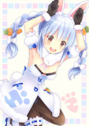 Rule 34 | 1girl, :3, :d, animal ear fluff, animal ears, armpits, arms up, artist name, black pantyhose, blue hair, blush, border, bow, braid, breasts, bridal garter, carrot hair ornament, cleavage, coat, don-chan (usada pekora), eyes visible through hair, feet out of frame, food-themed hair ornament, hair between eyes, hair bow, hair ornament, hair over eyes, highres, hololive, hololive fantasy, kneeling, leotard, long hair, looking at viewer, maya (tirolpop), multicolored hair, open mouth, outside border, pantyhose, parted hair, playboy bunny, rabbit ears, rabbit girl, rabbit pose, rabbit tail, short eyebrows, sidelocks, simple background, smile, solo, symbol in eye, tail, teeth, thick eyebrows, twin braids, two-tone hair, upper teeth only, usada pekora, usada pekora (1st costume), virtual youtuber, white bow, white coat, white hair