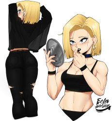 Rule 34 | 1girl, abs, absurdres, android 18, applying makeup, ass, belt, black bra, black lips, black panties, black pants, blonde hair, blouse, blue eyes, blush, bob cut, bra, breasts, choker, cleavage, crop top, denim, dragon ball, dragonball z, earrings, echo saber, goth fashion, high-waist pants, highres, hoop earrings, jewelry, lipstick, long sleeves, looking at viewer, makeup, medium breasts, mirror, multiple views, muscular, muscular female, panties, pants, ring, shirt, short hair, signature, simple background, smile, stomach, tagme, tight clothes, tight pants, toned, torn clothes, torn legwear, underwear, wedding ring, white background, wristband