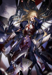 Rule 34 | 1boy, 1girl, absurdres, armor, armored dress, armored gloves, artoria pendragon (all), artoria pendragon (fate), blonde hair, blood, blood on arm, blood on face, blood on hands, blue dress, bsq, closed mouth, crying, dress, fate/grand order, fate/stay night, fate (series), fur, glass, green eyes, grey hair, hand on own face, highres, long dress, long hair, long sleeves, merlin (fate), one eye closed, open mouth, purple eyes, red eyes, saber (fate), simple background, teeth, water, white fur