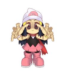 Rule 34 | 1girl, :&gt;, bare arms, beanie, black shirt, blue hair, bracelet, chibi, creatures (company), creepy, dawn (pokemon), full body, game freak, grey eyes, guido (sucurapu), hair ornament, hairclip, hat, jewelry, long hair, looking at viewer, nintendo, pink footwear, pink skirt, pokemon, pokemon bdsp, reaching, reaching towards viewer, red scarf, scarf, shirt, simple background, skirt, sleeveless, sleeveless shirt, solo, standing, staring, white background, white hat