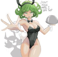 Rule 34 | 1girl, animal ears, bare shoulders, black bow, black leotard, bow, bowtie, breasts, rabbit hair ornament, covered navel, cowboy shot, curly hair, detached collar, different shadow, english text, fake animal ears, fake tail, feet out of frame, flipped hair, foreshortening, green eyes, green hair, hair ornament, highres, holding, holding tray, leotard, medium breasts, mole, mole on breast, one-punch man, open mouth, playboy bunny, rabbit ears, rabbit tail, rakeemspoon, serving dome, shadow, simple background, sketch, solo, strapless, strapless leotard, tail, tatsumaki, tray, white background, wrist cuffs
