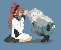 Rule 34 | 2girls, ahoge, ankle boots, aqua eyes, asticassia school uniform, black footwear, black hairband, black pantyhose, blue background, boots, braid, braided ponytail, bridal veil, cowlick, flower, from side, green jacket, green shorts, grey eyes, grey hair, gundam, gundam suisei no majo, hair between eyes, hair flower, hair ornament, hairband, high heels, jacket, long hair, long sleeves, looking at another, low ponytail, miorine rembran, multiple girls, open mouth, pantyhose, red hair, school uniform, seiza, serious, shadow, shorts, simple background, sitting, squatting, suletta mercury, thick eyebrows, ume-bayashi, veil, white jacket, white shorts, wide sleeves