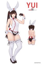 Rule 34 | 1girl, animal ears, ass, back, bare back, bare shoulders, black gloves, black hair, black panties, bow, bow panties, breasts, bridal garter, closed mouth, commentary, contrapposto, covered navel, fake animal ears, fake tail, frills, from behind, gloves, half gloves, hat, high heels, highres, leotard, lips, long hair, looking at viewer, medium breasts, multiple views, nurse, nurse cap, original, panties, panties over clothes, playboy bunny, rabbit ears, rabbit tail, red eyes, simple background, smile, standing, tail, thighhighs, twintails, twitter username, underwear, unsomnus, white background, white thighhighs, wing collar, wrist cuffs
