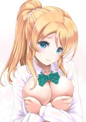 Rule 34 | 10s, 1girl, ayase eli, blonde hair, blue eyes, blush, breasts, breasts out, cleavage, covering privates, covering breasts, frapowa, large breasts, long hair, looking at viewer, love live!, love live! school idol project, open clothes, open shirt, otonokizaka school uniform, ponytail, school uniform, simple background, solo, sparkle, tears, upper body, white background