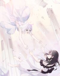 Rule 34 | 2girls, absurdres, angel wings, barefoot, black bow, black hair, bow, column, dated, dress, falling, feet, green eyes, gyeou lee, halo, highres, long dress, long hair, looking at another, multiple girls, open mouth, original, pillar, purple eyes, ruins, signature, white dress, wings