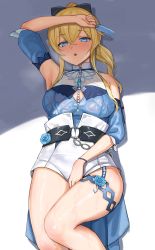 Rule 34 | 1girl, :o, absurdres, arm up, blonde hair, blue eyes, blue flower, blue rose, blush, bow, breasts, chain, covered erect nipples, crossed bangs, detached sleeves, flower, food, genshin impact, hair between eyes, hair bow, highres, holding, jean (genshin impact), jean (sea breeze dandelion) (genshin impact), kuro (zhurunbo1997), long hair, lying, medium breasts, on back, ponytail, popsicle, rose, see-through, shorts, sidelocks, simple background, solo, thigh strap, wet, wet clothes, white shorts