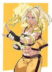 Rule 34 | 1girl, abs, absurdres, antares topaz, blonde hair, breasts, cleavage, collar, dragon, highres, large breasts, midriff, muscular, muscular female, open clothes, open mouth, open vest, original, pointing, ponytail, sleeveless, solo, toned, vest, yellow background, yellow eyes