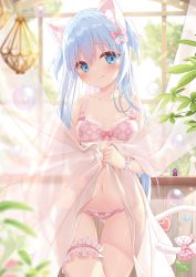 Rule 34 | 1girl, animal ears, blue eyes, blurry, blurry foreground, blush, bow, bra, breasts, cat ears, cat girl, cat tail, cleavage, closed mouth, collarbone, curtains, gluteal fold, hair between eyes, hair bow, highres, indoors, long hair, looking at viewer, navel, original, panties, pink bow, pink bra, pink panties, polka dot, polka dot bow, ribbon, silver hair, small breasts, smile, solo, standing, tail, tail bow, tail ornament, thigh gap, thigh strap, underwear, underwear only, very long hair, white bow, white ribbon, yano mitsuki (nanairo)