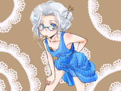 Rule 34 | 1girl, arm behind back, blue-framed eyewear, blue dress, blue eyes, blush, body blush, breasts, brown background, censored, chocolate chip cookie, collarbone, cookie, cookie clicker, curly hair, downblouse, dress, eating, eyewear strap, food, glasses, grandma (cookie clicker), grey hair, hair ornament, hairpin, hand on own knee, lace background, leaning forward, legs apart, mouth hold, no bra, nono (artist), novelty censor, old, old woman, parted bangs, pasties, short hair, simple background, sleeveless, sleeveless dress, small breasts, solo, standing, striped clothes, striped dress, test&#039;