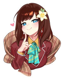 Rule 34 | 1girl, absurdres, blazer, blood, blood splatter, blush, bow, bowtie, brown hair, brown jacket, collared shirt, flower, hair flower, hair ornament, hana macchia, hana macchia (1st costume), heart, highres, jacket, licking, licking finger, looking at viewer, nia (nia4294), nijisanji, nijisanji id, pointing, pointing at self, scarf, shirt, simple background, smile, smug, solo, tongue, tongue out, upper body, virtual youtuber, white background, white shirt, yellow background