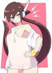 Rule 34 | 1girl, absurdres, aile (mega man zx), blush, bracelet, breasts, brown hair, buzzlyears, capcom, collarbone, female focus, gold bracelet, green eyes, hand on own hip, highres, jewelry, lightning bolt symbol, long hair, looking at viewer, medium breasts, mega man (series), mega man zx, mega man zx advent, navel, no bra, no panties, off-shoulder shirt, off shoulder, parted lips, pink background, ponytail, robot ears, see-through, see-through shirt, shirt, simple background, solo, very long hair, white shirt