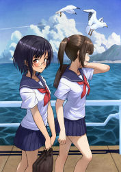 Rule 34 | 2girls, absurdres, bag, bird, black hair, blue sailor collar, blue sky, boardwalk, bob cut, breasts, briefcase, brown eyes, brown hair, cloud, commentary, contrail, flying, glasses, highres, holding, holding bag, landscape, looking afar, looking at viewer, mountain, multiple girls, neckerchief, ocean, open mouth, original, parted lips, pirafumodoki, ponytail, railing, red-framed eyewear, red neckerchief, rimless eyewear, sailor collar, school bag, school briefcase, school uniform, seagull, serafuku, shirt, short hair, sidelocks, sky, small breasts, smile, v arms, walking, white shirt