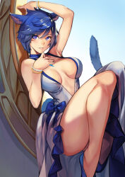 Rule 34 | 1girl, animal ears, blue dress, blue eyes, blue hair, bracelet, breasts, breasts apart, cat ears, cat girl, cat tail, commission, dress, facial mark, final fantasy, final fantasy xiv, hinoru saikusa, jewelry, large breasts, looking at viewer, miqo&#039;te, mixed-language commentary, short hair, solo, tail, warrior of light (ff14), whisker markings