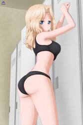Rule 34 | 1girl, absurdres, acrux, against locker, arms up, artist logo, ass, black panties, black sports bra, blonde hair, blue eyes, blush, breasts, closed mouth, come hither, commentary, cowboy shot, dated, english commentary, from side, girls und panzer, hair intakes, half-closed eyes, highres, indoors, kay (girls und panzer), large breasts, leaning forward, locker, locker room, looking at viewer, looking back, medium hair, panties, smile, solo, sports bra, sports panties, standing, underwear, underwear only, wedgie