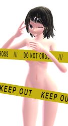 Rule 34 | 1girl, asagiri asagi, black hair, breasts, caution tape, convenient censoring, cowboy shot, disgaea, female focus, large breasts, lowres, medium breasts, mikumikudance, nude, one eye closed, short hair, small areolae, small nipples, solo, standing, tagme, transparent background, v, wink