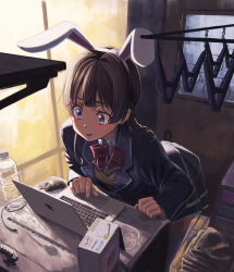 Rule 34 | 1girl, animal ears, black hair, black jacket, blue eyes, blush, bow, bowtie, brown hair, commentary request, computer, fake animal ears, hair ornament, hairclip, hironii (hirofactory), indoors, jacket, keyboard (computer), laptop, leaning forward, long hair, mouse (computer), nijisanji, open mouth, pleated skirt, rabbit ears, school uniform, skirt, solo, thighhighs, top-load washing machine, tsukino mito, tsukino mito (1st costume), virtual youtuber, washing machine, white thighhighs, window