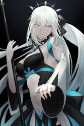 Rule 34 | 1girl, absurdres, black bow, black dress, blue eyes, bow, braid, breasts, center opening, cleavage, dress, fate/grand order, fate (series), french braid, grey hair, hair bow, highres, large breasts, long hair, long sleeves, looking at viewer, morgan le fay (fate), navel, pelvic curtain, ponytail, sidelocks, solo, staff, stomach tattoo, sumi (gfgf 045), tattoo, tiara, two-tone dress, very long hair, white dress, wide sleeves