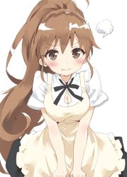 Rule 34 | 1girl, annoyed, apron, black skirt, blush, breasts, brown eyes, brown hair, cleavage, clenched hands, kani biimu, large breasts, long hair, looking at viewer, ponytail, shirt, simple background, skirt, solo, taneshima popura, upper body, very long hair, white background, white shirt, working!!