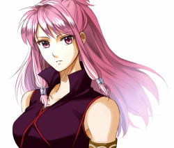 Rule 34 | 1girl, bare shoulders, delsaber, fire emblem, fire emblem: the sacred stones, long hair, looking at viewer, marisa (fire emblem), matching hair/eyes, nintendo, pink eyes, pink hair, ponytail, shirt, simple background, sleeveless, sleeveless shirt, solo, upper body, white background