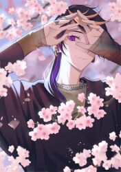 Rule 34 | 1boy, arms up, black hair, black jacket, blonde hair, blurry, blurry background, branch, brown shirt, chain, chain necklace, cherry blossoms, closed mouth, commentary request, earrings, eyelashes, flower, gold earrings, hair over shoulder, highres, jacket, jewelry, long hair, long sleeves, looking at viewer, male focus, multicolored hair, necklace, nijisanji, nijisanji en, one eye covered, parted bangs, petals, pink flower, pink hair, purple eyes, purple hair, ring, shirt, shu yamino, sidelocks, sleeves past wrists, smile, solo, streaked hair, swept bangs, tsugu (tsugu 823), upper body, virtual youtuber