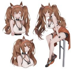 Rule 34 | 1girl, absurdres, angelina (arknights), animal ears, arknights, bare legs, bare shoulders, basketball, black shorts, breasts, brown hair, cleavage, clothes around waist, collar, dolphin shorts, faldeus, hairband, highres, jacket, jacket around waist, large breasts, legs, long hair, multiple views, official alternate costume, open mouth, orange eyes, red jacket, shoes, shorts, simple background, sneakers, sports bra, sportswear, standing, stomach, sweat, teeth, thigh strap, twintails, very long hair, white background, white sports bra
