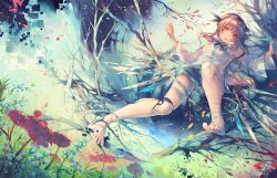 Rule 34 | 1girl, barefoot, blonde hair, braid, breasts, commentary, detached sleeves, digital dissolve, forest, french braid, full body, hairband, highres, ice, ice wings, long hair, low wings, lying, nature, nyanfood, on back, original, prosthesis, prosthetic leg, revision, see-through, shorts, small breasts, smile, solo, toes, wet, wet clothes, wings, yellow eyes