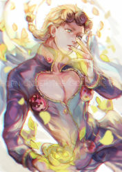 Rule 34 | 1boy, blonde hair, blue eyes, blurry, braid, bug, butterfly, depth of field, earrings, flower, giorno giovanna, gradient background, highres, holding, holding flower, insect, jewelry, jojo no kimyou na bouken, ladybug, leaf, male focus, nekoyashiki pushio, pectorals, petals, solo, vento aureo, victory rolls