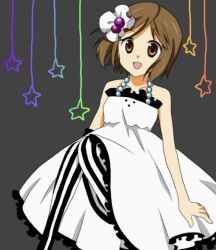 Rule 34 | 00s, 1girl, :d, bad id, bad pixiv id, bare shoulders, black &amp; white, bow, brown eyes, brown hair, don&#039;t say &quot;lazy&quot;, dress, hair bow, hirasawa yui, k-on!, open mouth, pantyhose, patterned legwear, smile, solo, star (symbol), striped clothes, striped pantyhose, usako, vertical-striped clothes, vertical-striped pantyhose, white dress