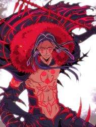Rule 34 | 1boy, abs, blue hair, bodypaint, cape, charatei, cu chulainn (fate), cu chulainn (fate) (all), cu chulainn (fate/stay night), cu chulainn alter (fate), cu chulainn alter (fate/grand order), cu chulainn alter (third ascension) (fate), dark blue hair, dark persona, earrings, elbow gloves, facepaint, fate/grand order, fate (series), gae bolg (fate), gloves, grin, holding, holding polearm, holding weapon, hood, hood up, jewelry, lancer, long hair, looking at viewer, male focus, monster boy, navel, pants, polearm, ponytail, red eyes, sharp teeth, skin tight, smile, solo, spikes, tail, teeth, type-moon, weapon