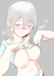 Rule 34 | 1girl, akh@98, blush, breasts, breath, closed mouth, clothes lift, clothes writing, collarbone, ear blush, embarrassed, glasses, grey background, grey hair, hair between eyes, highres, inverted nipples, large breasts, lifted by self, looking at viewer, medium hair, no bra, no pants, nose blush, original, panties, pink eyes, rimless eyewear, shirt, shirt lift, short sleeves, simple background, solo, steaming body, sweatdrop, t-shirt, underwear, white panties, white shirt