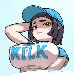 Rule 34 | 1girl, arm behind head, baseball cap, black hair, blue background, blue hat, blunt ends, breasts, brown hair, commentary, commission, english commentary, from below, hair behind ear, hat, large breasts, looking to the side, meen, mega milk, nervous, original, shaded face, shirt, short bangs, short hair, smile, solo, sparkle, sweatdrop, white shirt