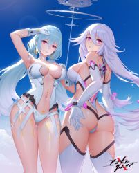 Rule 34 | 2girls, absurdres, arm up, armpits, ass, bare shoulders, blue hair, blue sky, breasts, cleavage, cloud, cloudy sky, collarbone, commentary request, day, elbow gloves, gloves, gu tao, hand on own chest, highres, large breasts, leotard, lips, long hair, looking at viewer, looking back, low twintails, multiple girls, navel, outdoors, parted lips, purple eyes, reina (xipuria), shiny skin, sideboob, silver hair, sky, sky diver xipuria, smile, sparkle, stomach, thighhighs, thighs, twintails, werfen (xipuria), white gloves