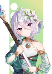 Rule 34 | 1girl, antenna hair, bare shoulders, closed mouth, collarbone, detached sleeves, dress, flower, green background, green sleeves, hair between eyes, hair flower, hair ornament, head tilt, highres, holding, holding polearm, holding spear, holding weapon, kokkoro (princess connect!), kuki panda (wkdwnsgk13), long sleeves, pointy ears, polearm, princess connect!, puffy long sleeves, puffy sleeves, purple eyes, see-through, see-through sleeves, silver hair, sleeveless, sleeveless dress, smile, solo, spear, split mouth, two-tone background, upper body, weapon, white background, white dress, white flower