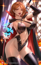 Rule 34 | 1girl, alternate costume, black thighhighs, blurry, blurry background, breasts, brown hair, candy, cape, clothing cutout, commentary, contrapposto, english commentary, enma (enmanuelart), fangs, food, groin, halloween costume, hammer, highres, holding, holding hammer, holding weapon, jujutsu kaisen, kugisaki nobara, large breasts, leotard, lollipop, nail, nail polish, navel, red nails, short hair, solo, stomach, teeth, telekinesis, thighhighs, thighs, weapon, wide hips