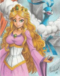 Rule 34 | 1girl, 2018, absurdres, altaria, artist name, beak, bird, blonde hair, breasts, closed mouth, cloud, collarbone, cowboy shot, creatures (company), crown, dress, fluffy, game freak, gem, gen 3 pokemon, green eyes, highres, holding, holding poke ball, ilene (pokemon), indoors, jewelry, long hair, medium breasts, nintendo, open mouth, parted lips, pink dress, poke ball, pokemon, pokemon: lucario and the mystery of mew, pokemon (anime), pokemon (creature), pokemon rse (anime), princess, ravernclouk design, standing, tongue, traditional media, very long hair