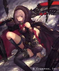 Rule 34 | 1girl, asymmetrical legwear, black cape, black footwear, black shorts, boots, brown eyes, brown gloves, cape, clothing cutout, cygames, gloves, highres, holding, holding weapon, hood, hood up, hooded, knee boots, looking at viewer, medium hair, open mouth, shadowverse, shingeki no bahamut, short shorts, shorts, shoulder cutout, silver hair, sitting, solo, tachikawa mushimaro, thigh boots, thigh strap, thighhighs, uneven legwear, weapon, wizardess of oz