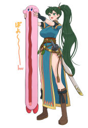 Rule 34 | 1girl, :d, absurdres, blue dress, boots, breasts, brown footwear, commentary request, dress, earrings, fire emblem, fire emblem: the blazing blade, full body, gonzarez, green eyes, green hair, highres, holding, jewelry, kirby, kirby (series), knee boots, large breasts, long hair, longcat (meme), lyn (fire emblem), matching hair/eyes, meme, mouthful mode, nintendo, oomoto makiko, open mouth, pelvic curtain, ponytail, scabbard, sheath, sheathed, short sleeves, smile, standing, sword, thighs, translated, very long hair, voice actor connection, weapon