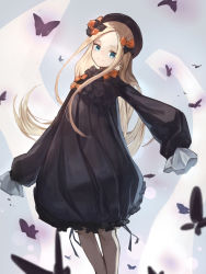 Rule 34 | 1girl, abigail williams (fate), aito, black bow, black dress, black hat, blonde hair, blue eyes, bow, breasts, bug, butterfly, dress, fate/grand order, fate (series), forehead, hair bow, hat, highres, insect, long hair, long sleeves, looking at viewer, multiple hair bows, orange bow, parted bangs, polka dot, polka dot bow, ribbed dress, sleeves past fingers, sleeves past wrists, small breasts, smile