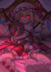 Rule 34 | 1girl, absurdres, back bow, barefoot, blonde hair, bow, button eyes, buttons, crystal, evil smile, fang, flandre scarlet, glowing, glowing eyes, hat, hat ribbon, highres, hugging doll, hugging object, long hair, looking at viewer, mob cap, multicolored wings, on bed, one side up, open mouth, puffy short sleeves, puffy sleeves, red eyes, red light, red nails, red skirt, ribbon, short sleeves, side ponytail, sitting, skirt, smile, solo, stuffed animal, stuffed toy, stuffing, teddy bear, touhou, white bow, white hat, wings, wrist cuffs, yuuka (a0240765)