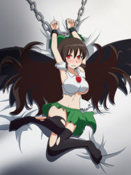 Rule 34 | 1girl, arms up, bed sheet, black thighhighs, black wings, blouse, blush, bow, breasts, brown hair, cato (monocatienus), chain, commentary request, cuffs, glaring, green bow, green skirt, hair between eyes, hair bow, hair spread out, large breasts, long hair, looking at viewer, lying, navel, no shoes, on back, red eyes, reiuji utsuho, restrained, scowl, shirt, skirt, solo, thighhighs, torn clothes, torn shirt, torn skirt, torn thighhighs, touhou, v-shaped eyebrows, very long hair, white shirt, wings, zettai ryouiki