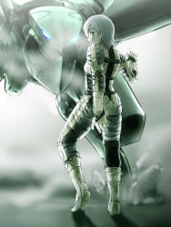 Rule 34 | 1girl, bodysuit, cosplay, from behind, glowing, glowing eyes, ikuyoan, mecha, metal gear (series), metal gear ray, metal gear solid 3: snake eater, metal gear solid 4: guns of the patriots, non-humanoid robot, robot, short hair, silver hair, smile, solo, sunny emmerich, the boss, the boss (cosplay), walker (robot)