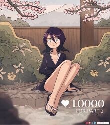Rule 34 | 1girl, artist name, black hair, bleach, brown eyes, bush, cherry blossoms, closed mouth, english text, hair between eyes, highres, japanese clothes, keetydraws, kimono, knees up, kuchiki rukia, legs together, looking at viewer, mountain, onsen, outdoors, rock, sandals, scabbard, sheath, short hair, sitting, solo, sweat, water