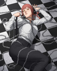 Rule 34 | 1girl, arm rest, arm up, artist name, black pants, braid, braided ponytail, breikka, chain, chainsaw man, checkered floor, collared shirt, commentary, english commentary, feet out of frame, formal, from above, hand up, high-waist pants, holding, holding chain, lips, long hair, long sleeves, looking at viewer, lying, makima (chainsaw man), necktie, necktie grab, neckwear grab, on floor, on ground, on side, pants, parted lips, red hair, ringed eyes, shirt, shirt tucked in, single braid, solo, suit, twisted torso, white shirt, wing collar, yellow eyes