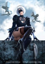 Rule 34 | 1girl, ass, bad id, bad pixiv id, black blindfold, black dress, black hairband, blindfold, blurry, blurry background, boots, breasts, cleavage, cleavage cutout, clothing cutout, covered eyes, day, dress, facing viewer, feather-trimmed sleeves, hairband, high heel boots, high heels, juliet sleeves, leather, leather boots, leotard, leotard under clothes, long sleeves, medium breasts, nefrubi, nier (series), nier:automata, patreon username, pink lips, pod (nier:automata), puffy long sleeves, puffy sleeves, sitting, smile, sword, thigh boots, thighhighs, thighhighs under boots, watermark, weapon, web address, white hair, 2b (nier:automata)