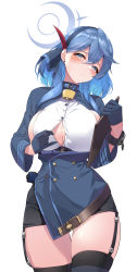 Rule 34 | 1girl, :/, absurdres, ako (blue archive), bell, belt, black skirt, black thighhighs, blue archive, blue collar, blue eyes, blue gloves, blue hair, blue jacket, blush, bow, breasts, brown belt, button gap, cleavage, clipboard, closed mouth, clothes pull, collar, ear piercing, eel mizue, gloves, hair bow, halo, highres, holding, holding clipboard, jacket, large breasts, looking at viewer, medium hair, neck bell, pencil skirt, piercing, pulled by self, shirt, shirt pull, sidelocks, simple background, skirt, solo, thigh gap, thighhighs, thighs, white background, white shirt
