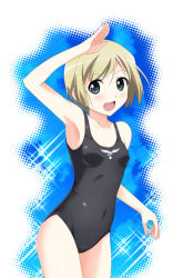 Rule 34 | 00s, 1girl, armpits, blonde hair, blue eyes, erica hartmann, hyokkori tamago, one-piece swimsuit, salute, short hair, solo, strike witches, swimsuit, world witches series