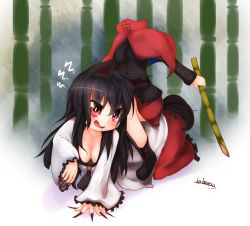 Rule 34 | 2girls, all fours, animal ears, bamboo, bikuseno, black hair, black shirt, blouse, breasts, cape, cleavage, commentary request, downblouse, dullahan, headless, imaizumi kagerou, long hair, long sleeves, miniskirt, multiple girls, red cape, red eyes, red skirt, sekibanki, shirt, skirt, tail, touhou, white shirt, wolf ears, wolf tail
